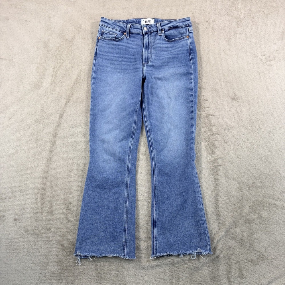 PAIGE Colette Crop Flare Jeans in Medium Wash Stretch Denim Women 29 Raw Hem